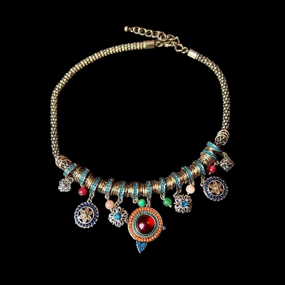 Gold Tone Necklace W/ Jewel Tone Beaded & Rhinestone Charms and Medallions - Picture 15 of 16
